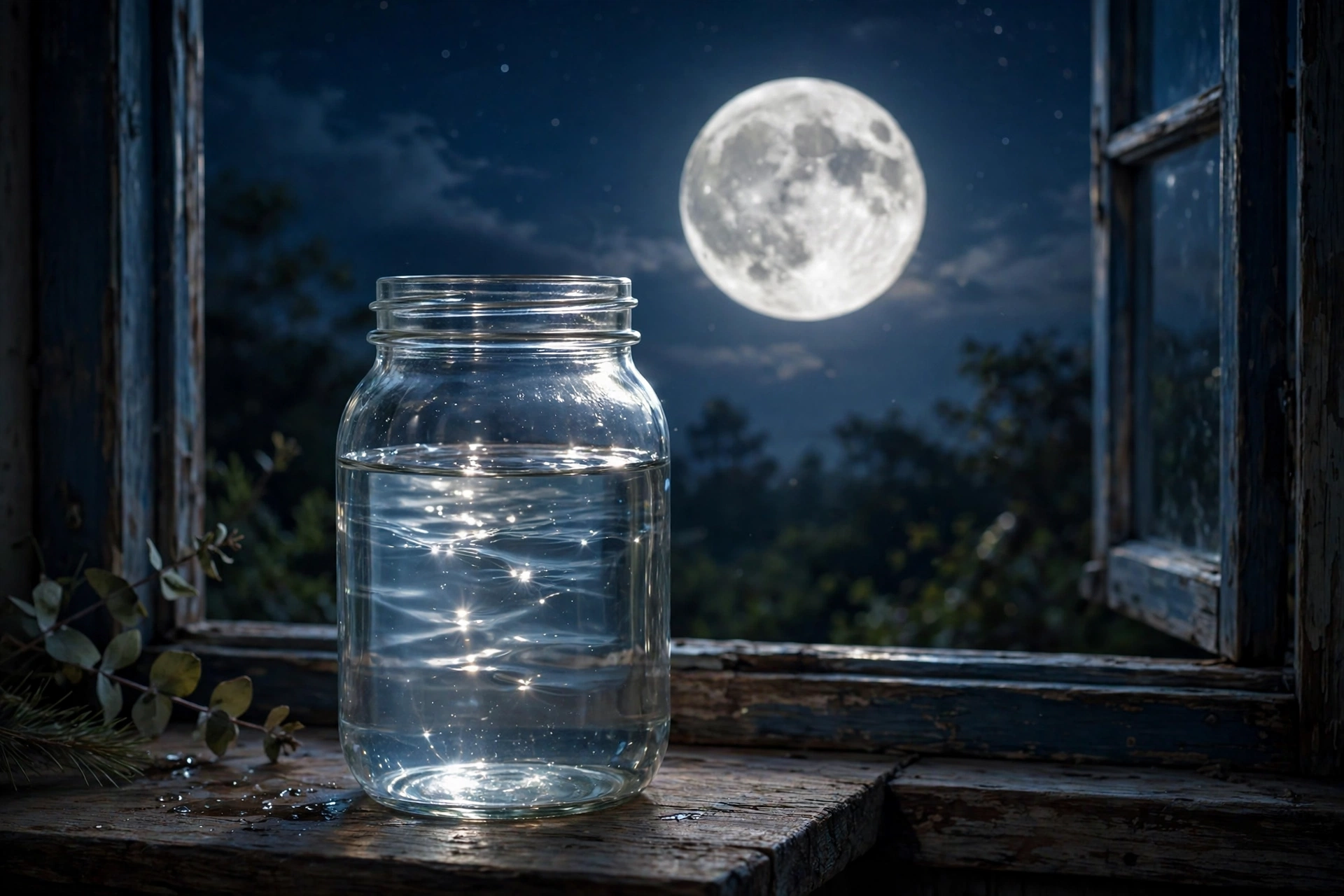 A jar of water on a windowsill under a full moon