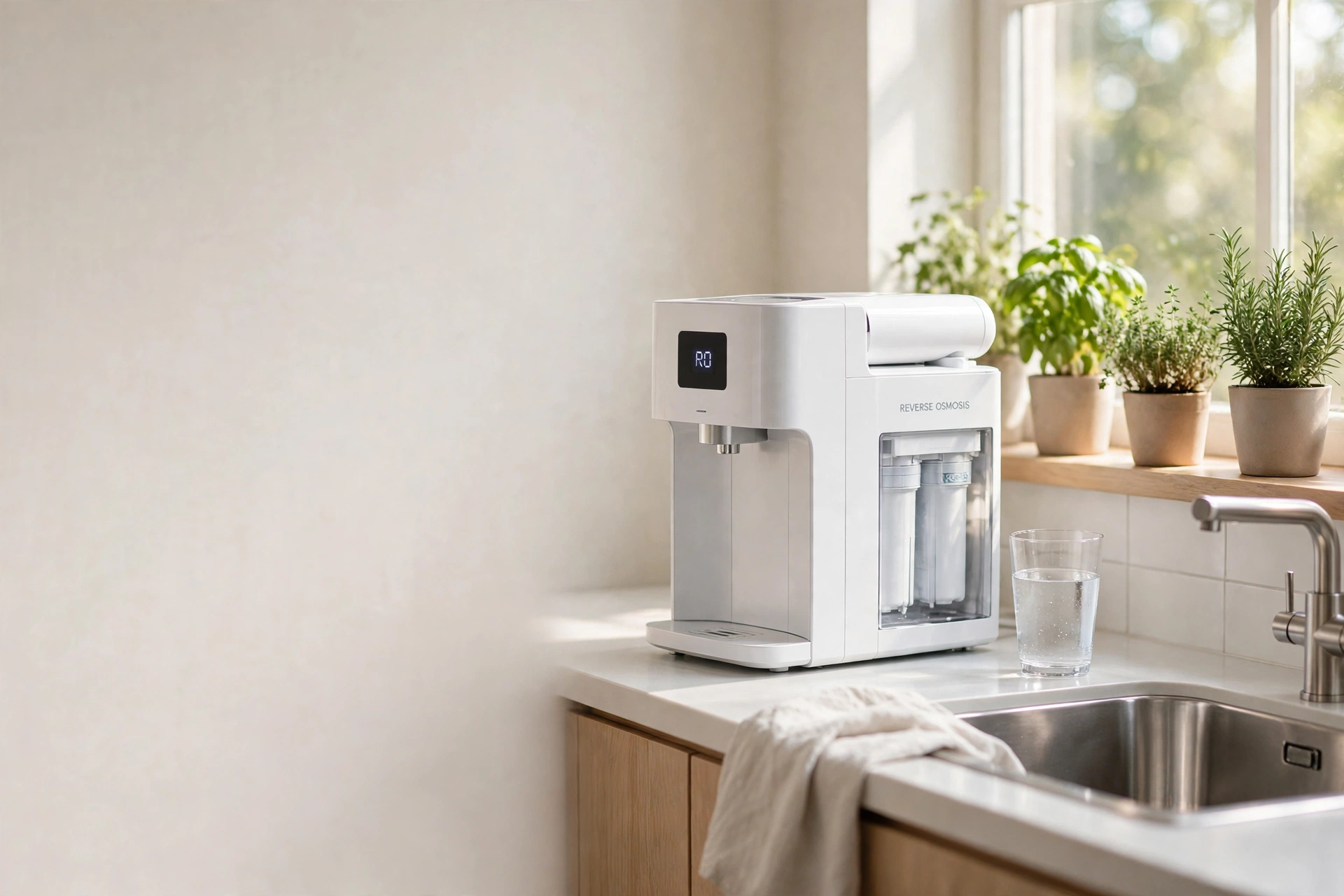 A countertop reverse-osmosis purifier on a bright kitchen counter beside a glass of water