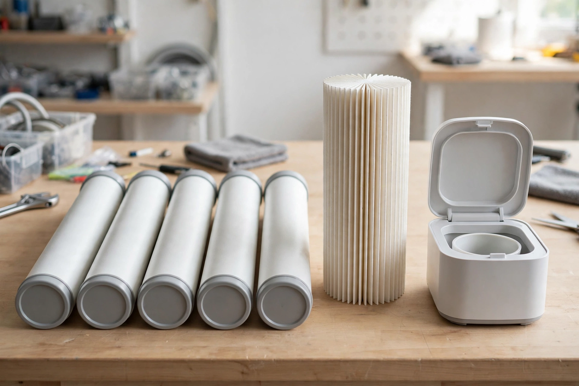 Replacement water filter cartridges lined up beside a countertop filter
