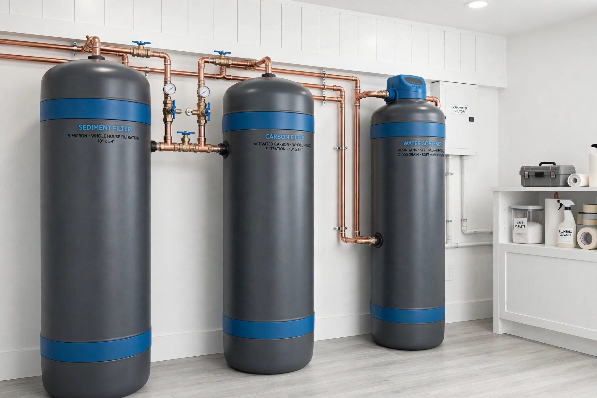 Whole-house filtration tanks installed in a clean utility room